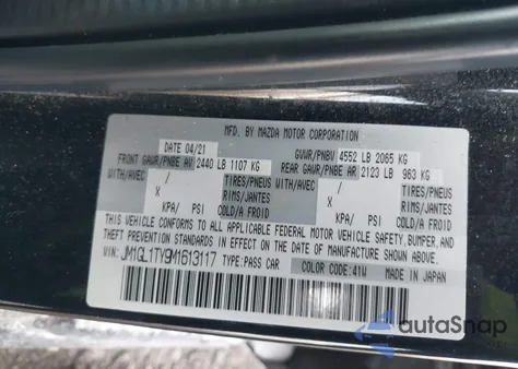 2021 Mazda Mazda6 Grand Touring z USA, uszkodzony, nr VIN JM1GL1TY9M1613117